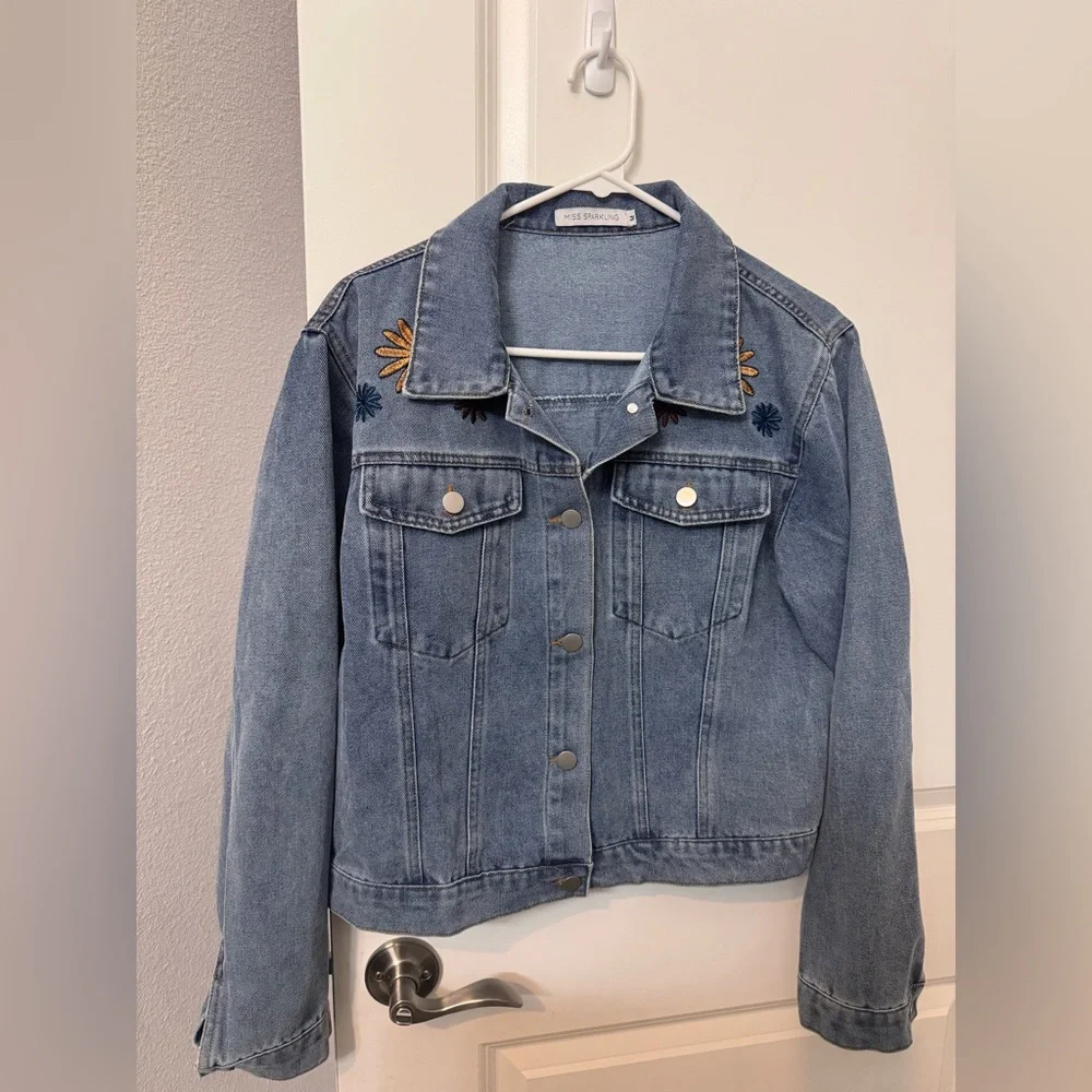 Miss Sparkling Blue Denim Jacket with Floral Embroidery - Picture 4 of 6